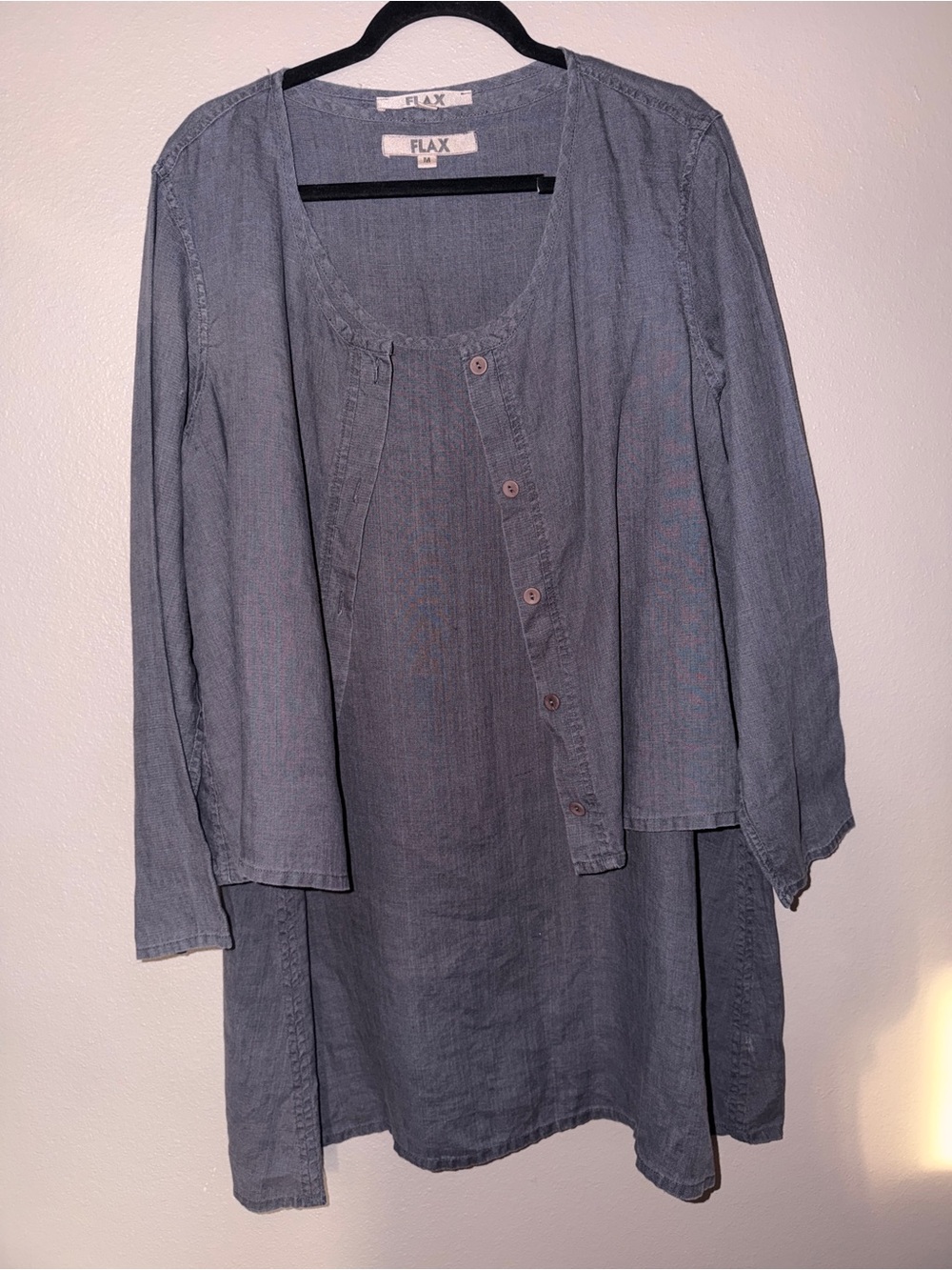 FLAX 100% Linen 2-Piece Tunic Dress Medium & Jacket Small Set Gray Blue
